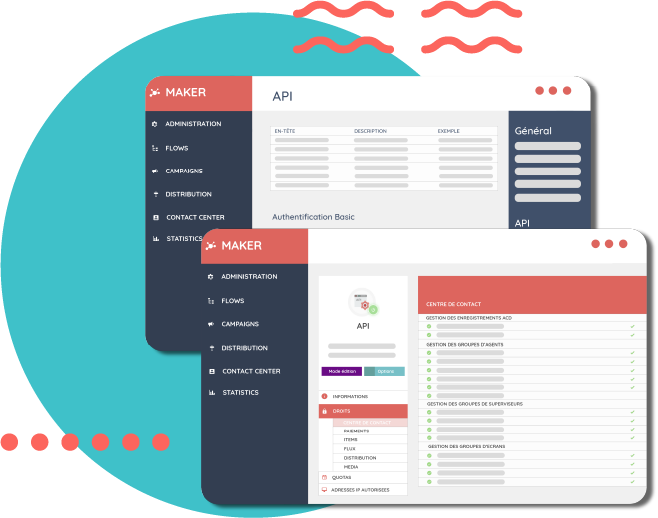 Screenshots solution centre de contact : solution ouverte APIs, Webhooks, Web Services