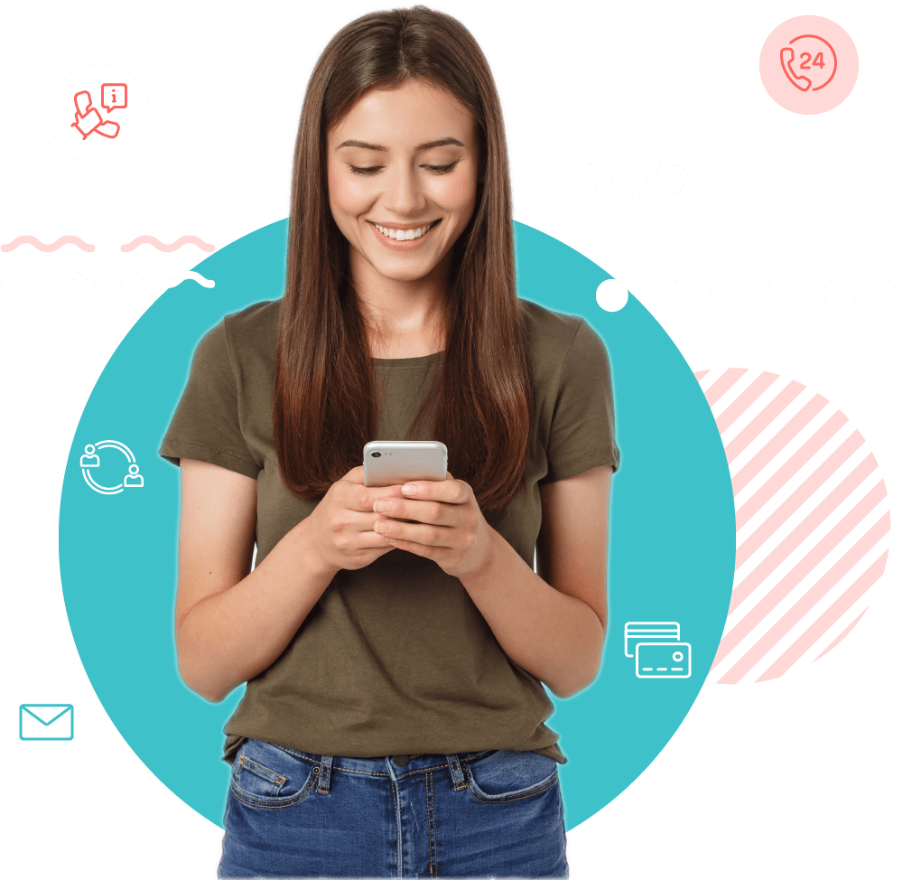 Cliente femme qui regarde son téléphone pour illustrer notre page : solution centre de contact