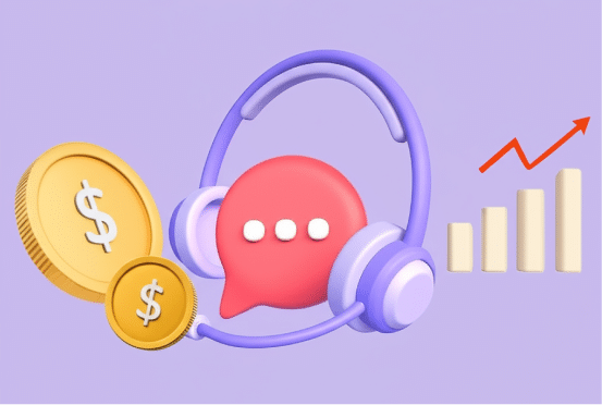 Headset, chat bubble, and rising bar chart with dollar coins representing improved telemarketing productivity using INO CX.