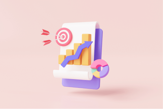 3D chart with upward arrow, target, and pie chart representing strategies to boost contact center agent productivity.