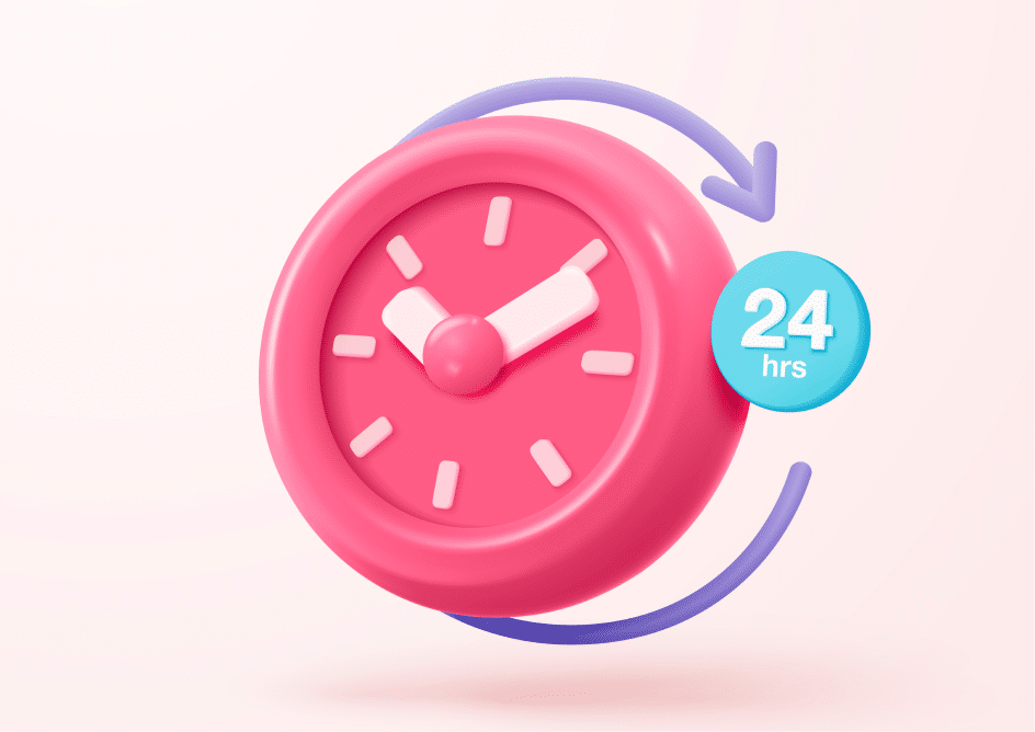 3D illustration of pink clock with arrow and 24 hours label representing 24/7 self-service availability in an IVR system.