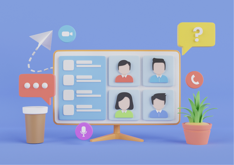 3D illustration of computer screen with multiple communication icons showing omnichannel support and call deflection from IVR to chat, email, or messaging.