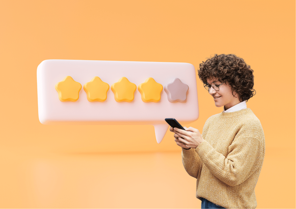 Smiling customer leaving a four-star rating on a mobile phone, symbolizing automated customer feedback collection through IVR surveys.