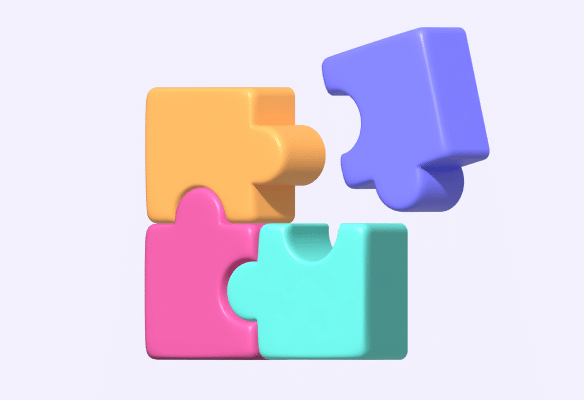 Colorful 3D puzzle pieces connected together, symbolizing seamless system integration. Set against a background of interlocking puzzle tiles, representing harmony between tools like INO CX and Zendesk.