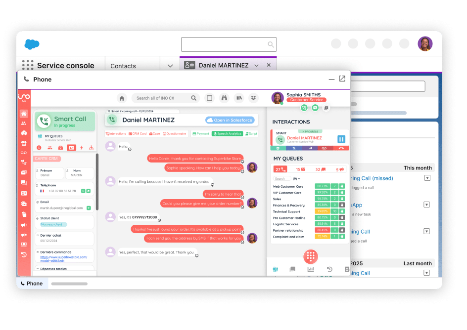 Vista unificada de interacciones de voz y mensajería en Salesforce a través de INO CX CTI, permitiendo conversaciones fluidas con el cliente.