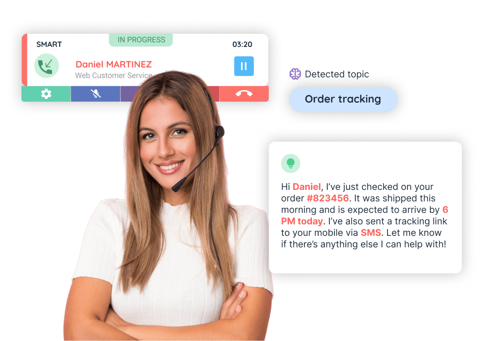 A smiling contact center agent is on a live call with a customer, while an on-screen script displays an AI-assisted response about order tracking. The script includes dynamic fields like the customer’s name, order number, and delivery time. A button labeled “Order tracking” and a live call interface illustrate how AI helps agents provide fast, personalized order updates in real time.