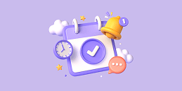 3D illustration of a calendar, clock, notification bell, and chat bubble representing an outbound call center use case for appointment reminders and confirmations.
