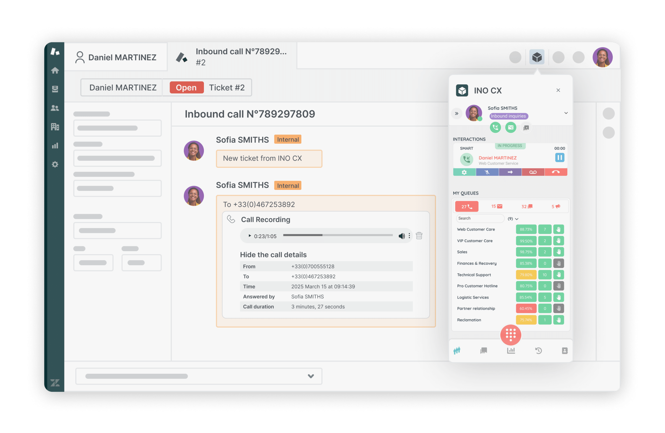 Captura de pantalla de Zendesk con INO CX integrado, mostrando una vista unificada de las interacciones con el cliente.