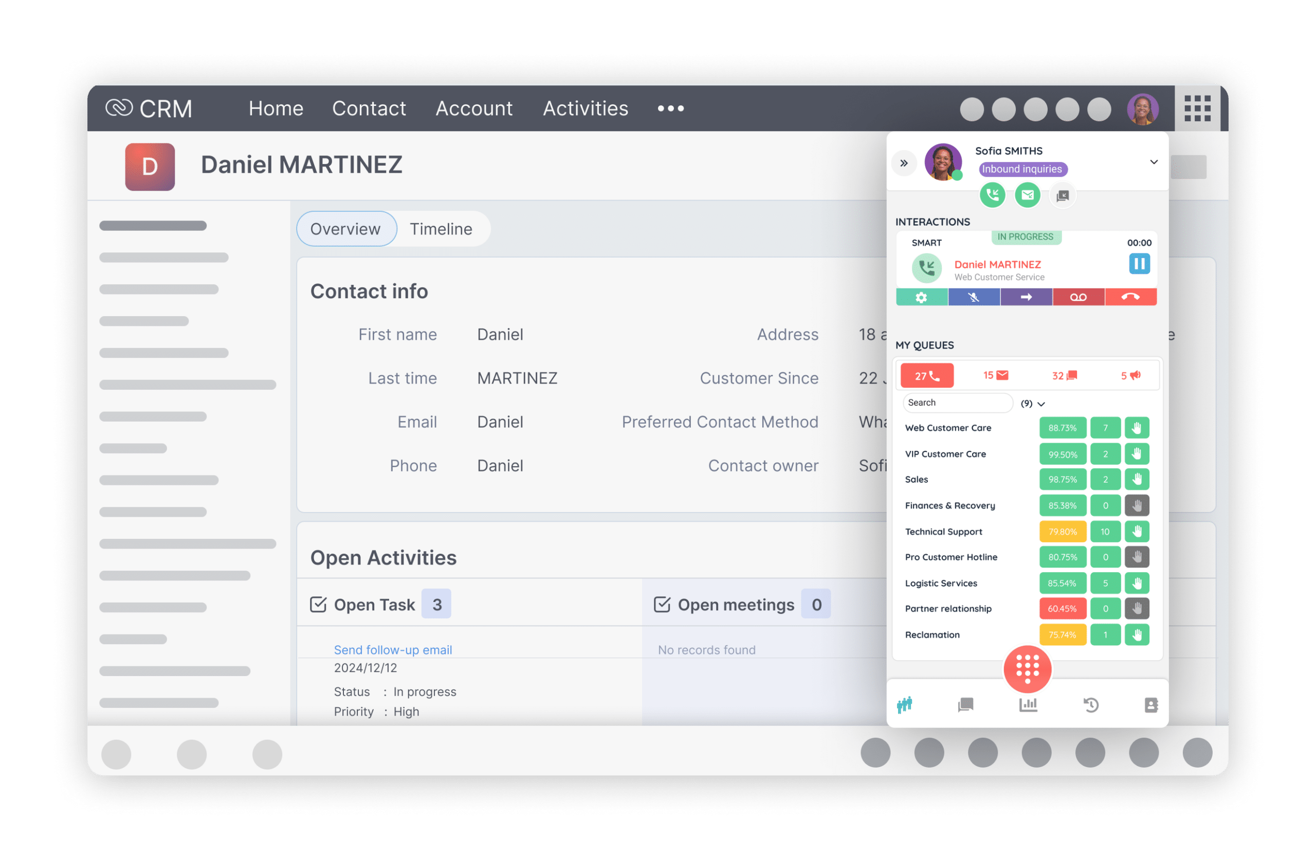 Zoho CRM interface with integrated INO CX banner for real-time customer interaction management.