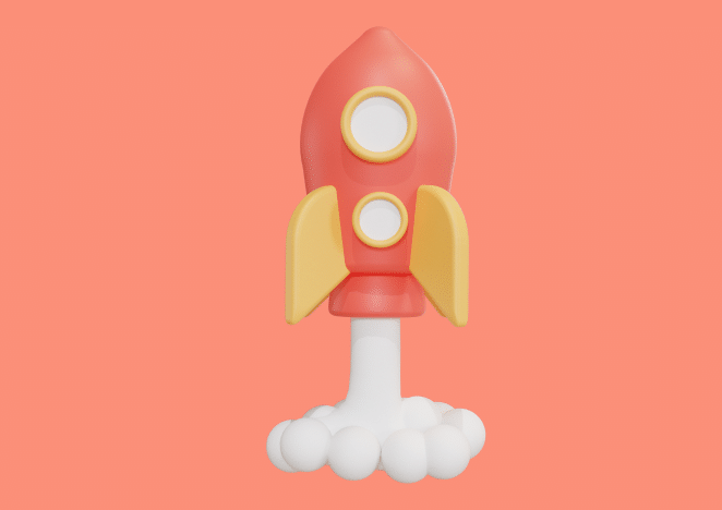 3D rocket launching against a coral background, representing fast deployment and smooth onboarding — visually illustrating the quick setup of INO CX's Zendesk CTI integration.