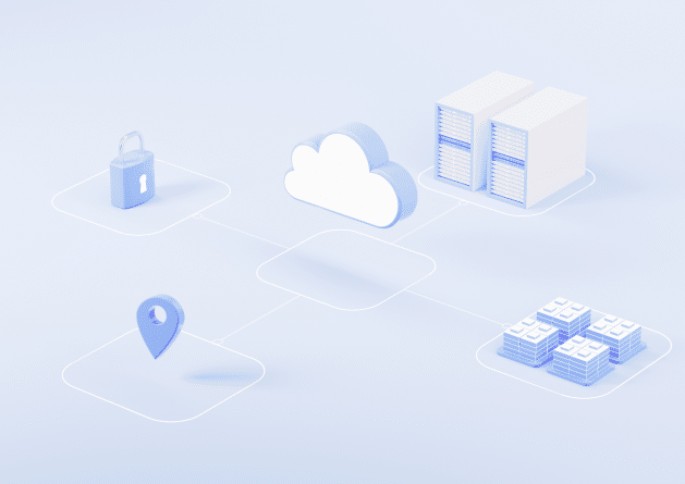 Abstract 3D illustration showing a secure cloud infrastructure with interconnected icons representing a cloud, data servers, location pin, financial growth stacks, and a padlock. Symbolizes scalable, secure, and flexible cloud-based architecture for telephony and data management.