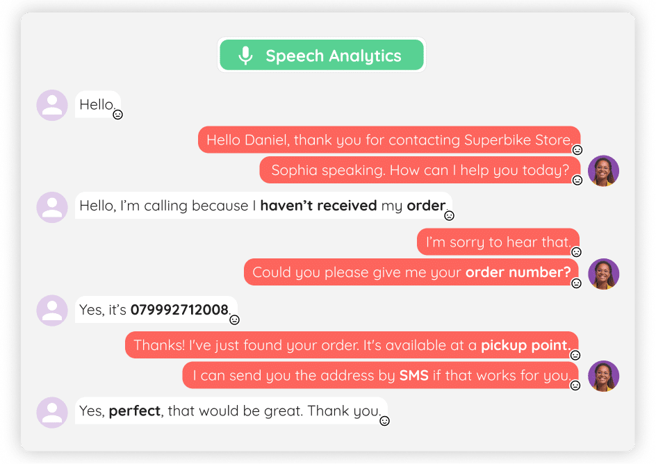 A speech analytics interface displays a live call transcription between a customer and an agent. Key phrases like “haven’t received my order” and “order number” are highlighted, alongside sentiment indicators, illustrating how AI detects keywords, analyzes customer emotion, and supports agents in real time during contact center interactions.