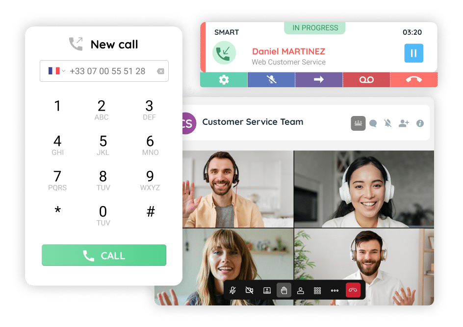 Softphone interface with dial pad and active call panel, alongside a virtual team video call — illustrating remote-friendly business telephony.