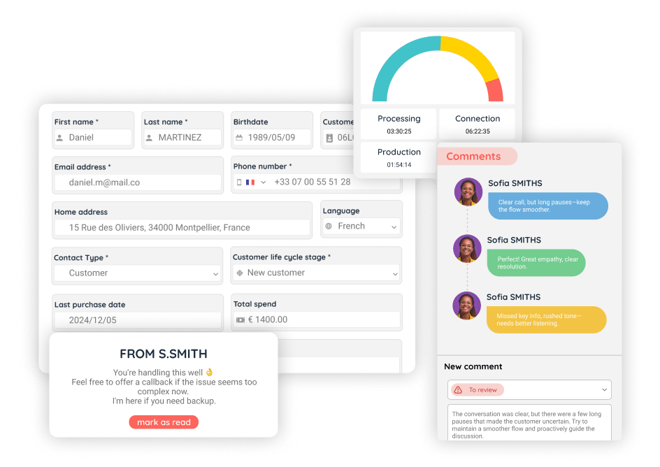 Customer file interface with agent coaching comments and real-time evaluation, highlighting team support and supervision features.