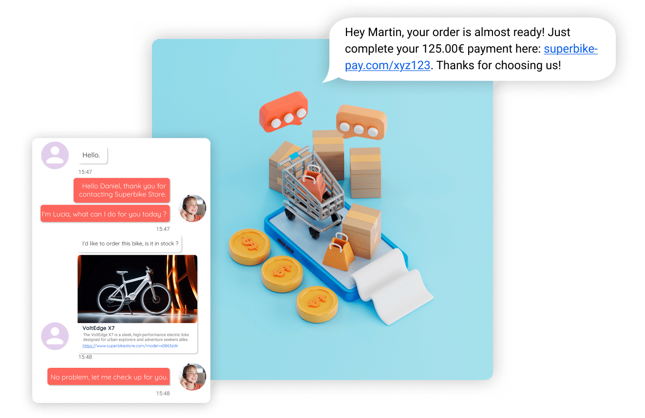 Solución de retail de INO CX mostrando soporte de pedidos por WhatsApp, pago por SMS y visualización de cumplimiento de e-commerce.