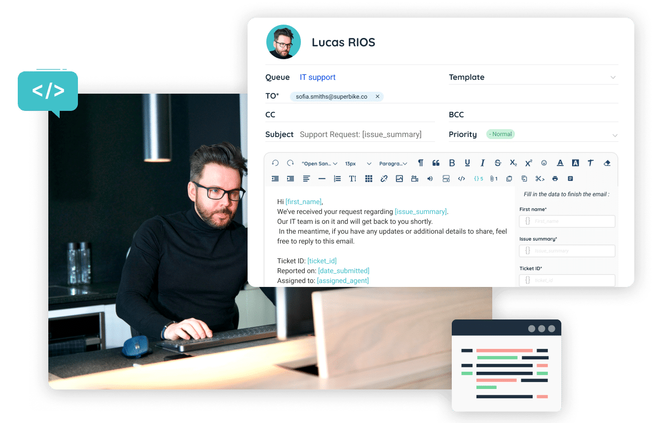 IT support technician sends an email through INO CX, with visual cues of API connectivity.