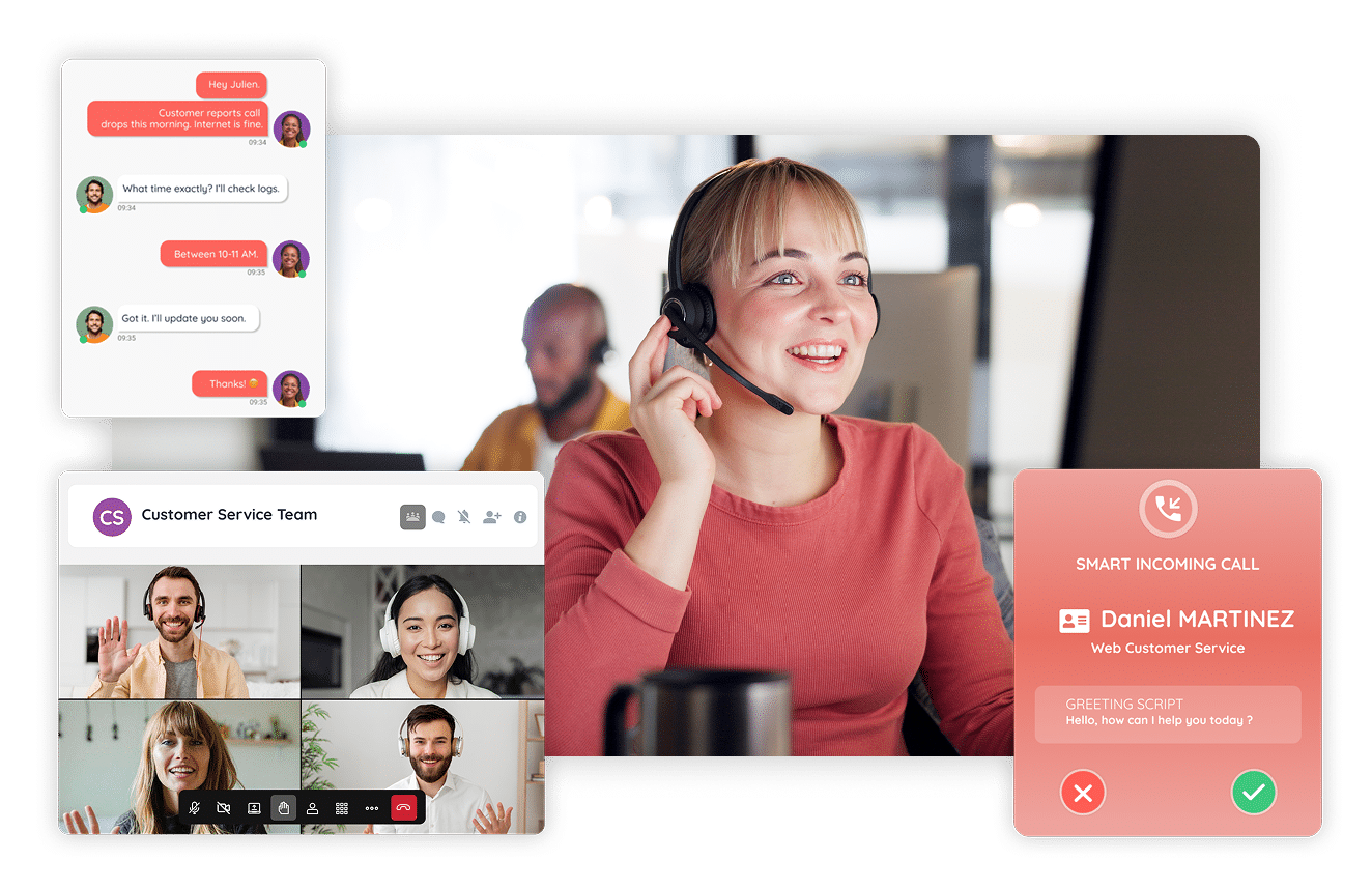 Agente de centro de contacto sonriente con auriculares, atendiendo una llamada. En pantalla, funciones de INO CX como ficha de contacto, chat interno y videollamada.