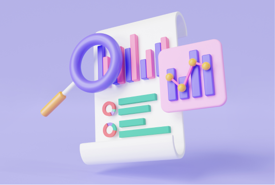 3D illustration of data charts and magnifying glass, representing key metrics for optimizing customer experience.