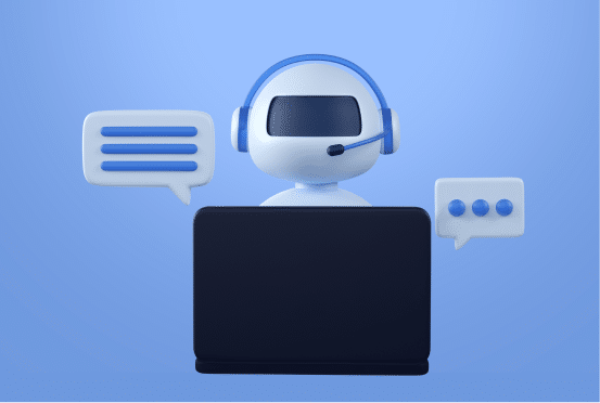 3D robot with headset and chat bubbles symbolizing the role of AI in transforming customer experience.