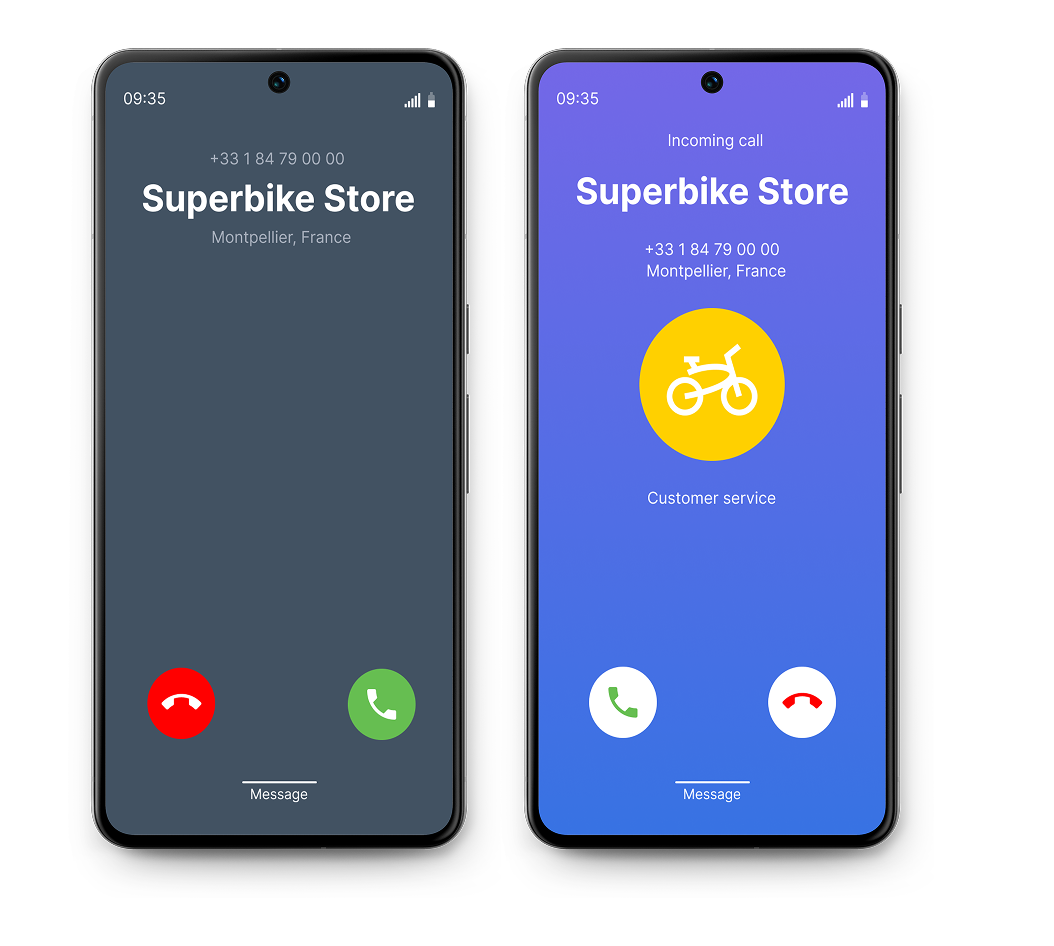 Two mobile phone screens showing personalized caller ID: one displays only the company name , the other includes the company name, logo, and call reason.