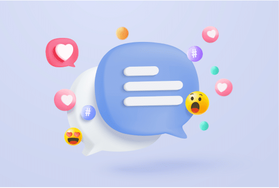 Burbujas de chat en 3D rodeadas de emojis y hashtags, que representan la integración de la mensajería de las redes sociales en la comunicación de los centros de contacto.