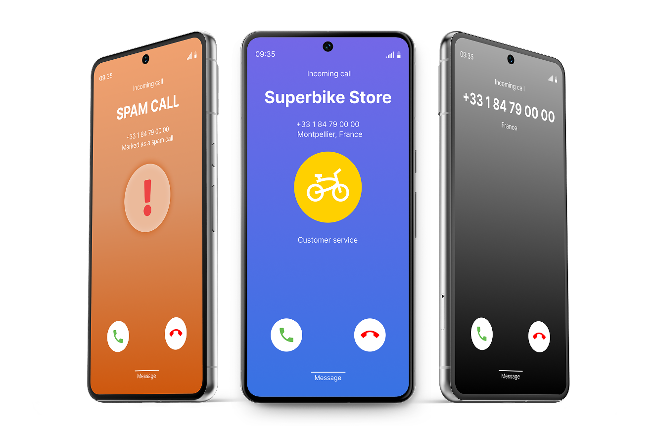 Three mobile phone screens displaying incoming calls: one marked as spam, one from an unknown number, and one with a personalized caller ID showing a company name, logo, and reason for the call.