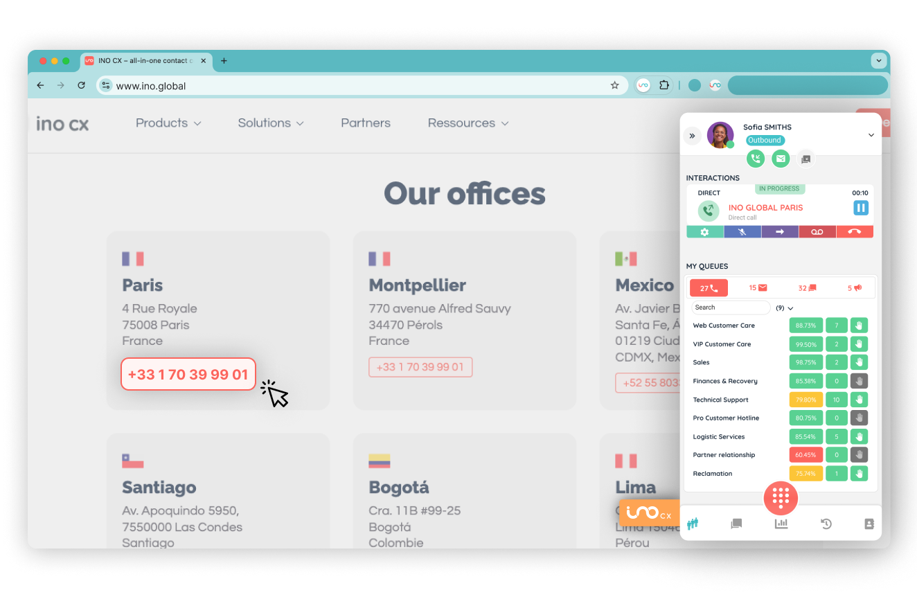 La extensión de Chrome INO CX activa el click-to-call y una integración telefónica fluida dentro del navegador.