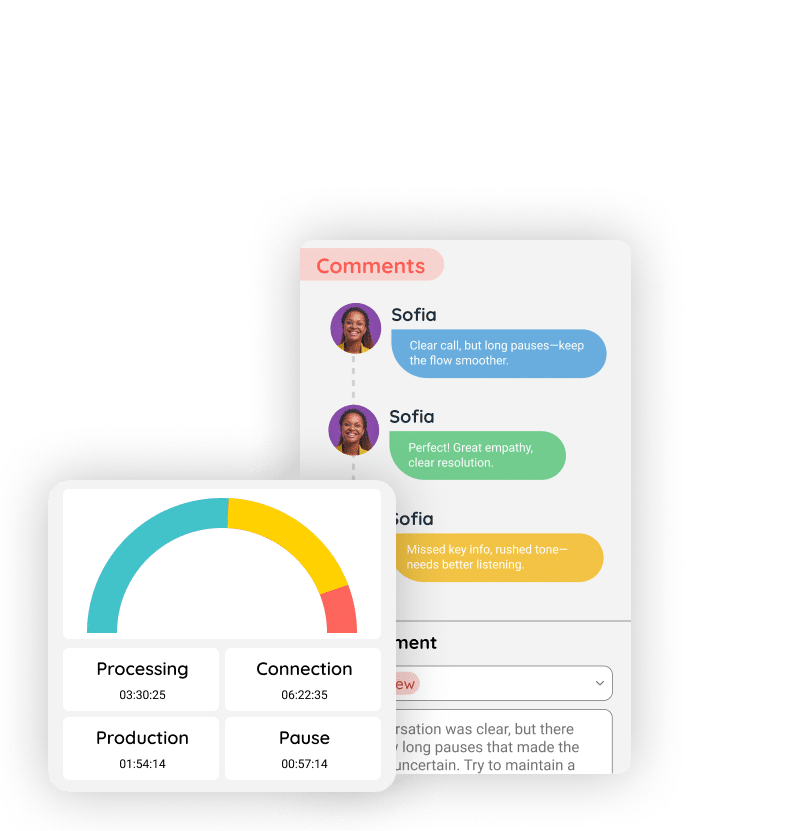 INO CX dashboard showing remote coaching features with call quality feedback, agent performance insights, and activity tracking.