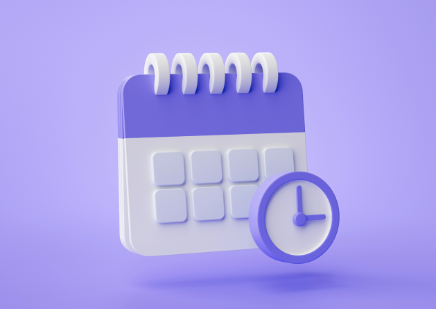 Calendario y reloj en 3D que simbolizan la capacidad de INO CX para gestionar los picos de trabajo de la temporada navideña y reducir los tiempos de espera.