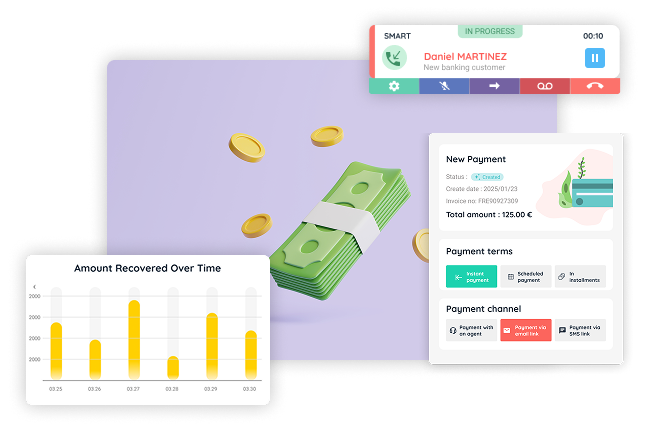 INO CX platform interface for banking showing real-time payment processing, recovery analytics, and live customer support interaction.