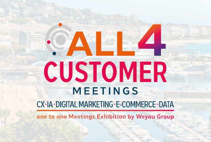 CRM Meetings 2025 logo over the Cannes, France coastline, highlighting INO CX’s participation in the All4Customer Meetings event in Cannes.