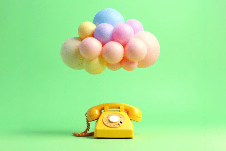 Un téléphone rotatif jaune vintage se trouve sur un fond vert vif, avec un nuage coloré composé de ballons pastel flottant au-dessus de lui - symbolisant la téléphonie d'entreprise moderne basée sur les nuages.