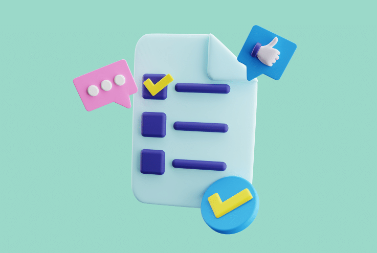 3D illustration of a checklist with speech bubbles, checkmarks, and a thumbs-up icon, symbolizing a back-to-business strategy and task completion.