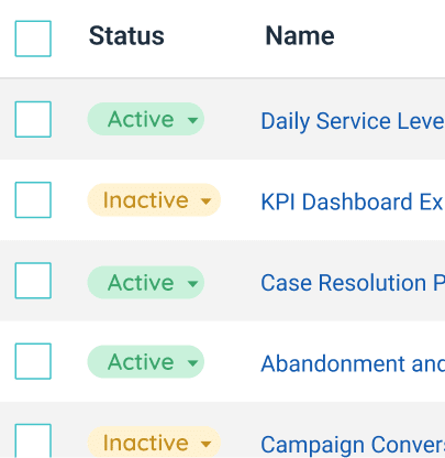 Système de reporting du centre de contacts affichant l’audit et l’historique des KPIs et tableaux de bord.