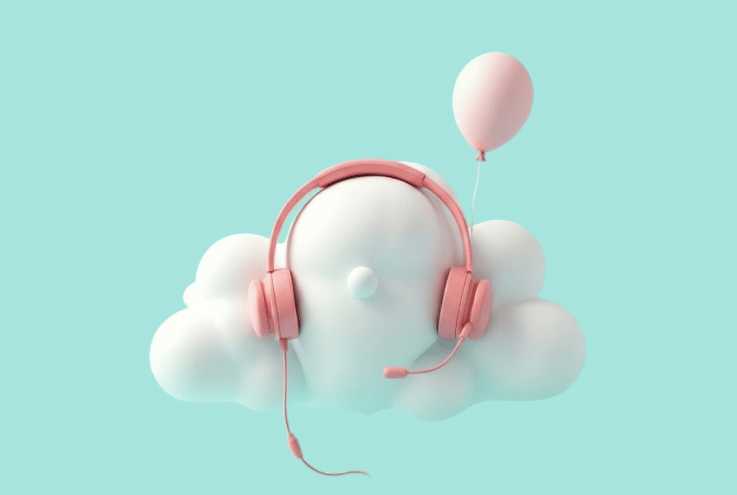 Illustration 3D d’un nuage portant un casque rose et flottant avec un ballon, symbolisant la technologie des centres de contact cloud et le support client à distance.