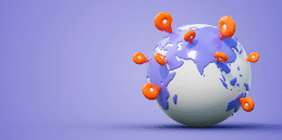 Globe 3D avec épingles de localisation, représentant des opérations de centres d’appels à distance ou internationaux, et des équipes support réparties.