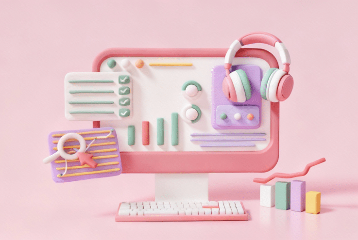 Illustration d’un tableau de bord stylisé de centre de contact affiché sur un écran d’ordinateur rose, avec des graphiques, des courbes, des listes de contrôle et un casque, représentant le reporting en temps réel et l’analyse du service client.