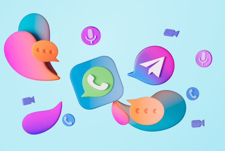 Íconos 3D coloridos de apps de mensajería como WhatsApp y Telegram, que representan la experiencia del cliente omnicanal.
