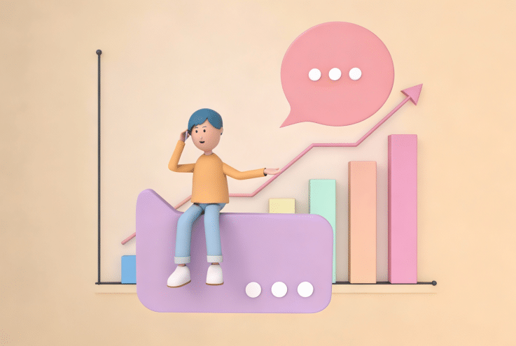 3D illustration of a person analyzing growth charts with speech bubbles, symbolizing customer service strategy and communication in 2026.