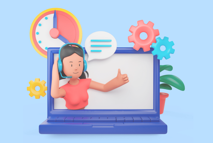 3D illustration of a contact center agent on a laptop screen with headset, speech bubble, gears, and clock, representing CCaaS (Contact Center as a Service) technology.