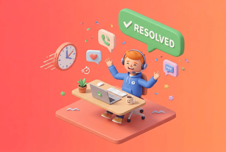3D illustration of a contact center agent resolving a customer call on the first attempt, symbolizing First Call Resolution (FCR)
