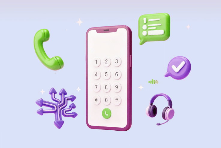 IVR system illustration showing a smartphone dialpad surrounded by 3D icons: phone handset, call routing arrows, voice menu, headset and checkmark — visual guide to Interactive Voice Response