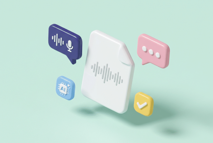 Illustration 3D pastel d'un document avec ondes sonores, bulles de discussion et badge de validation, symbolisant la transcription et l'analyse IA des appels