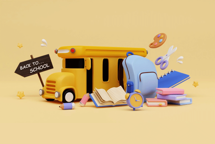 Illustration de rentrée avec bus scolaire, cartable, livres et réveil — symbolisant la préparation de la rentrée en centre de contact.